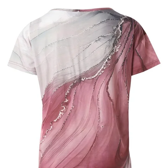 Marble Print Asymmetrical Neck Short Sleeve T-Shirt - Picture 4 of 4